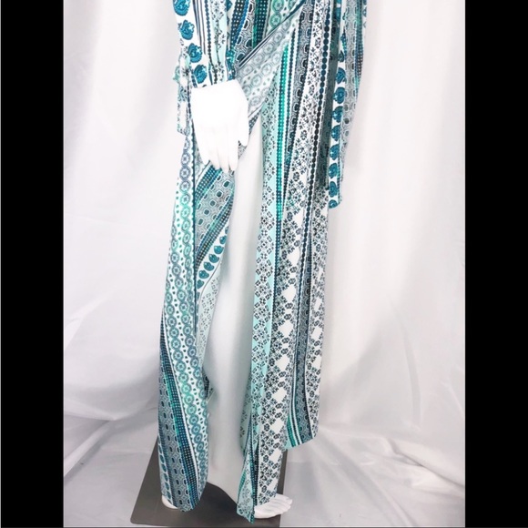 Zhu Ulma Minty Green Geo Paisley Print Crop Top Pant Set SzXS Wide Leg Side Wrap - Picture 12 of 16